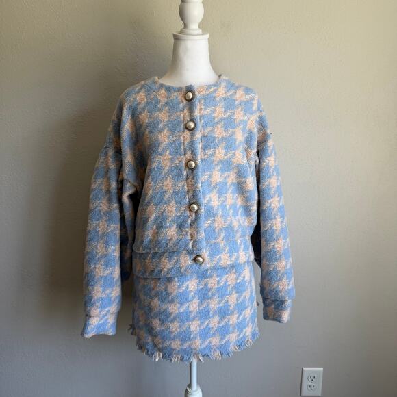 Storets Dresses & Skirts - Storets Lori Houndstooth 2 Piece Set Sky Blue Pink Wool Cardigan Skirt Womens M